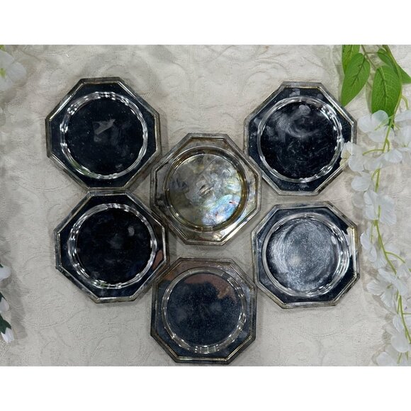 Set Of 6 Godinger Silver Coasters Octagonal Shape Silver-Plated Unpolished - Picture 1 of 5